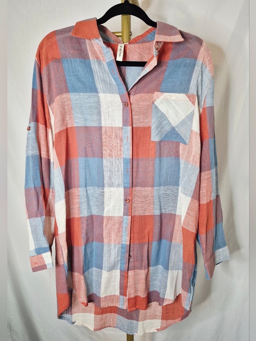 My Beloved Red, White, & Blue Freedom Plaid Lightweight Button Down Tunic Sz L